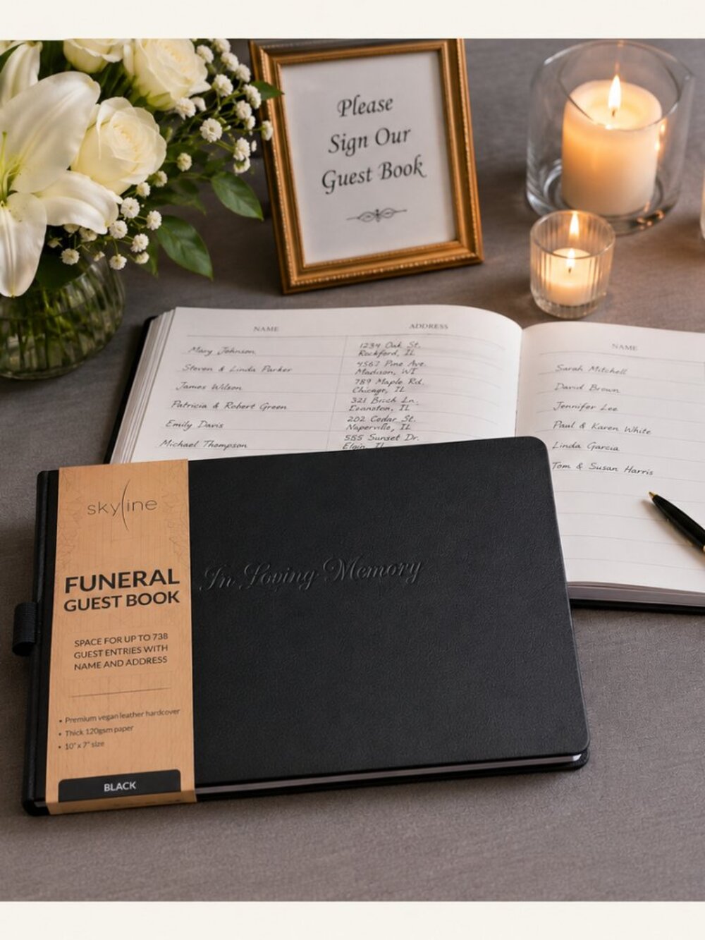 Skyline Funeral Guest Book Black Vegan Leather Hardcover Memorial Register New